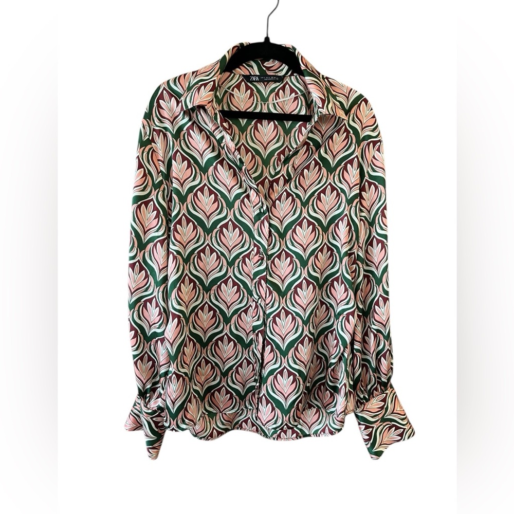 Zara Pink Green Satin Blouse Top Office Vixen Large